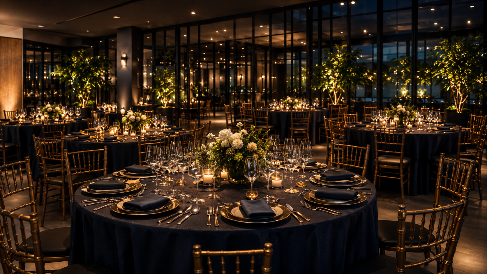 Salão elegante preparado para jantar comemorativo com mesas postas, flores e iluminação quente